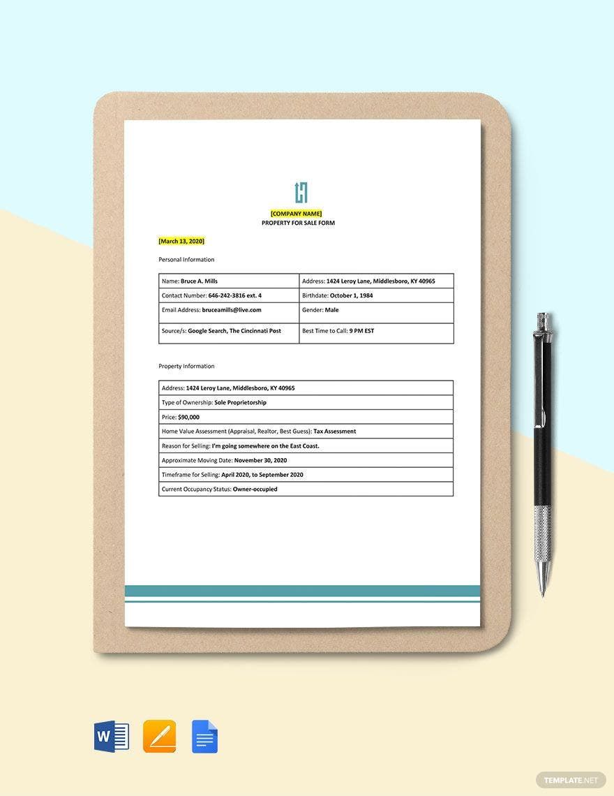 Property For Sale Form Template