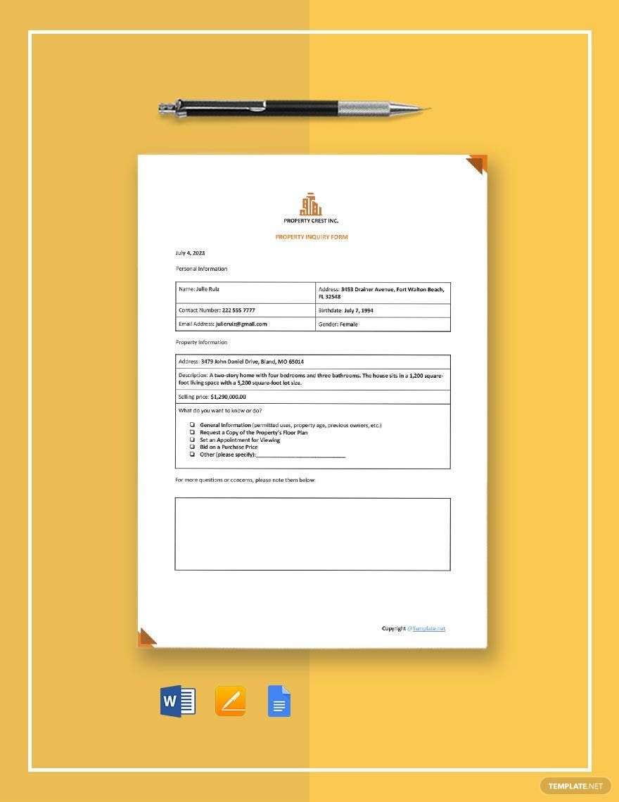 Sample Property Inquiry Form Template