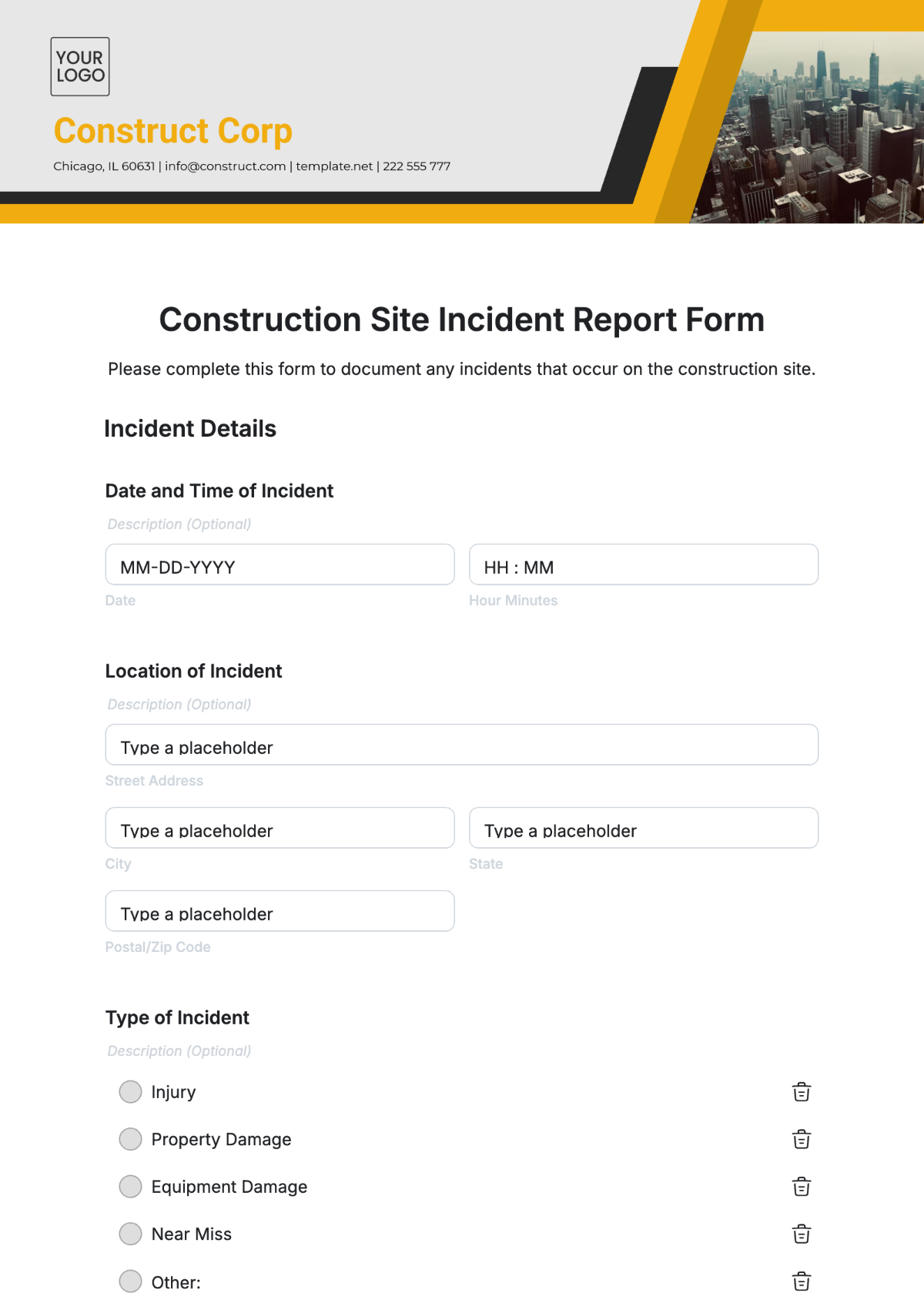 Construction Site Incident Report Form Template - Edit Online & Download