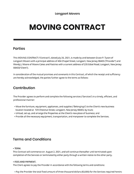 Free Moving Contract Template - Free Templates Printable