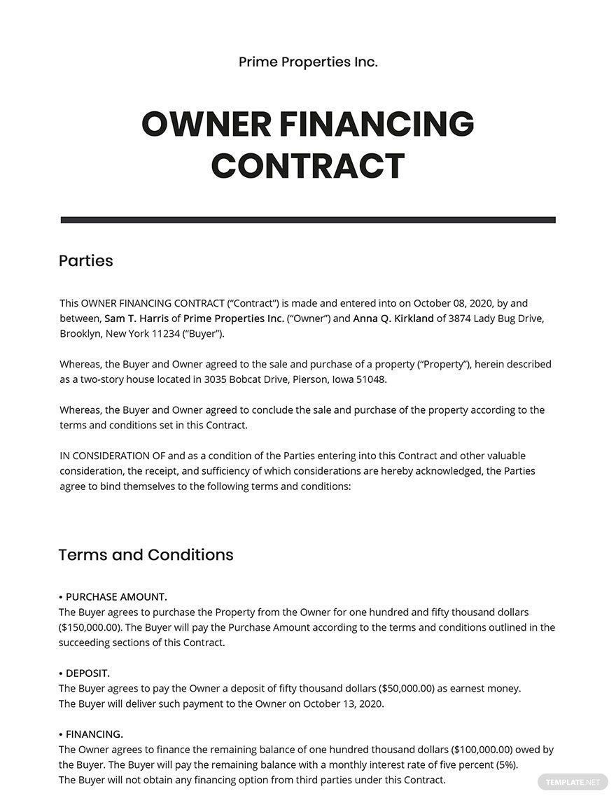 Free Owner Financing Contract Template