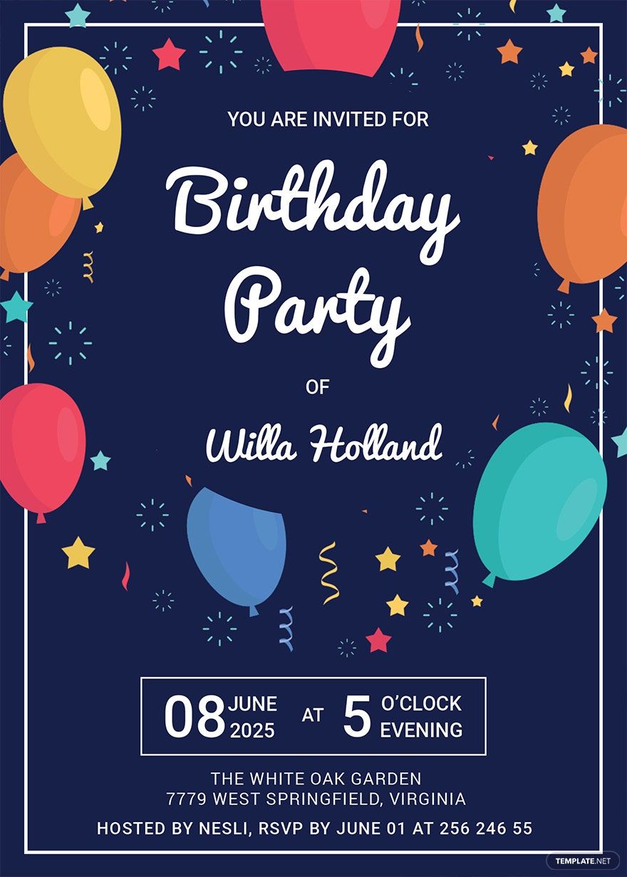 Elegant Birthday Party Invitation Template in Word, Illustrator, PSD, Apple Pages, Publisher, Outlook