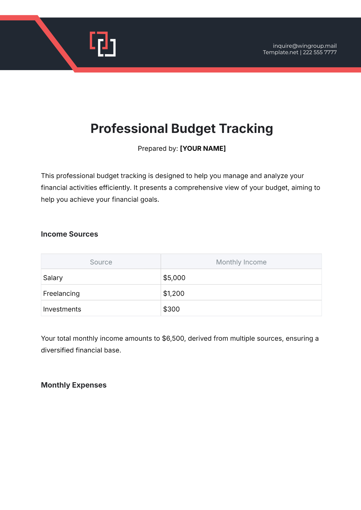 Professional Template for Budget Tracking - Edit Online & Download