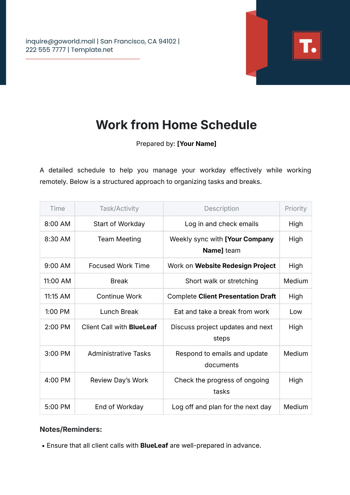 Work from Home Schedule Template - Edit Online & Download