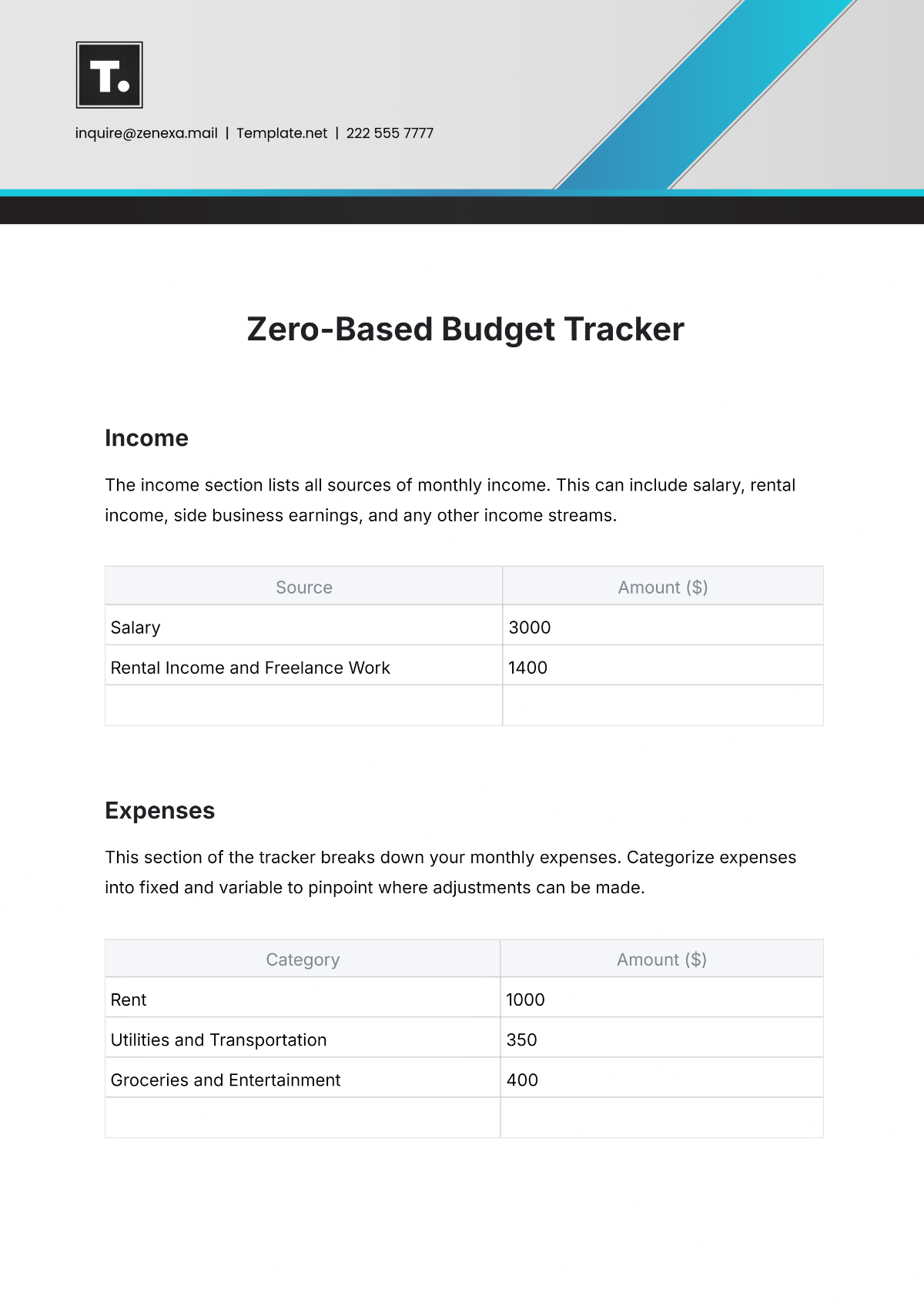 Zero-Based Budget Tracker Template - Edit Online & Download