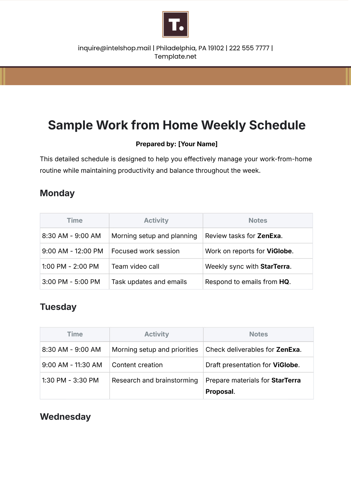 Sample Work from Home Weekly Schedule Template - Edit Online & Download