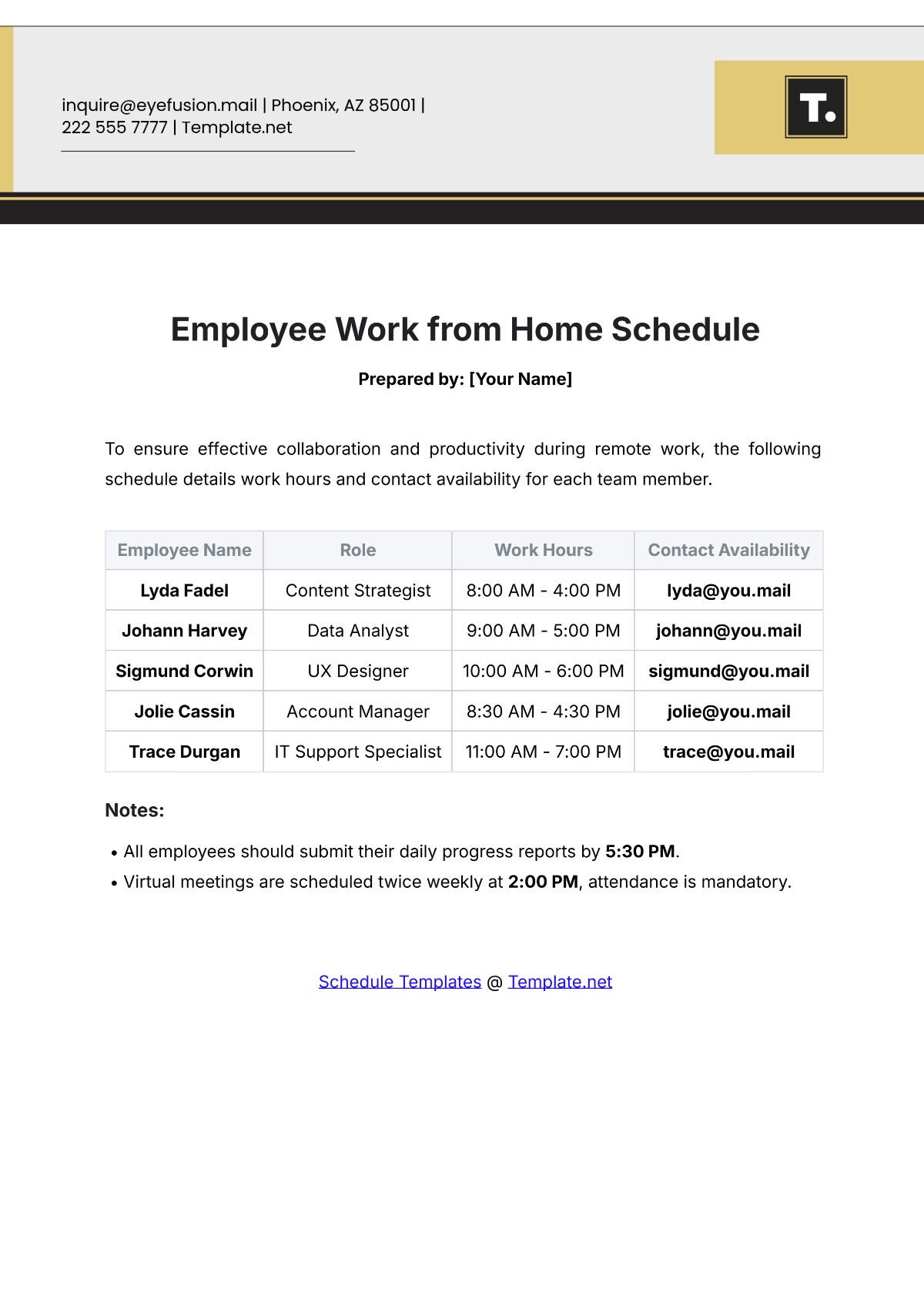 Employee Work from Home Schedule Template - Edit Online & Download