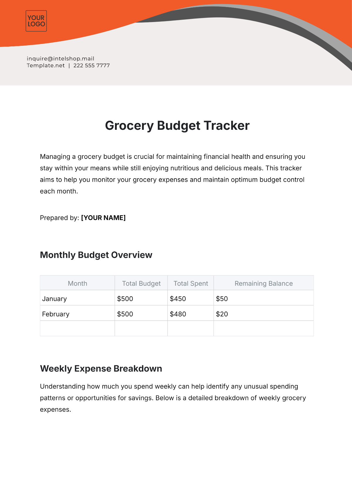 Grocery Budget Tracker Template - Edit Online & Download