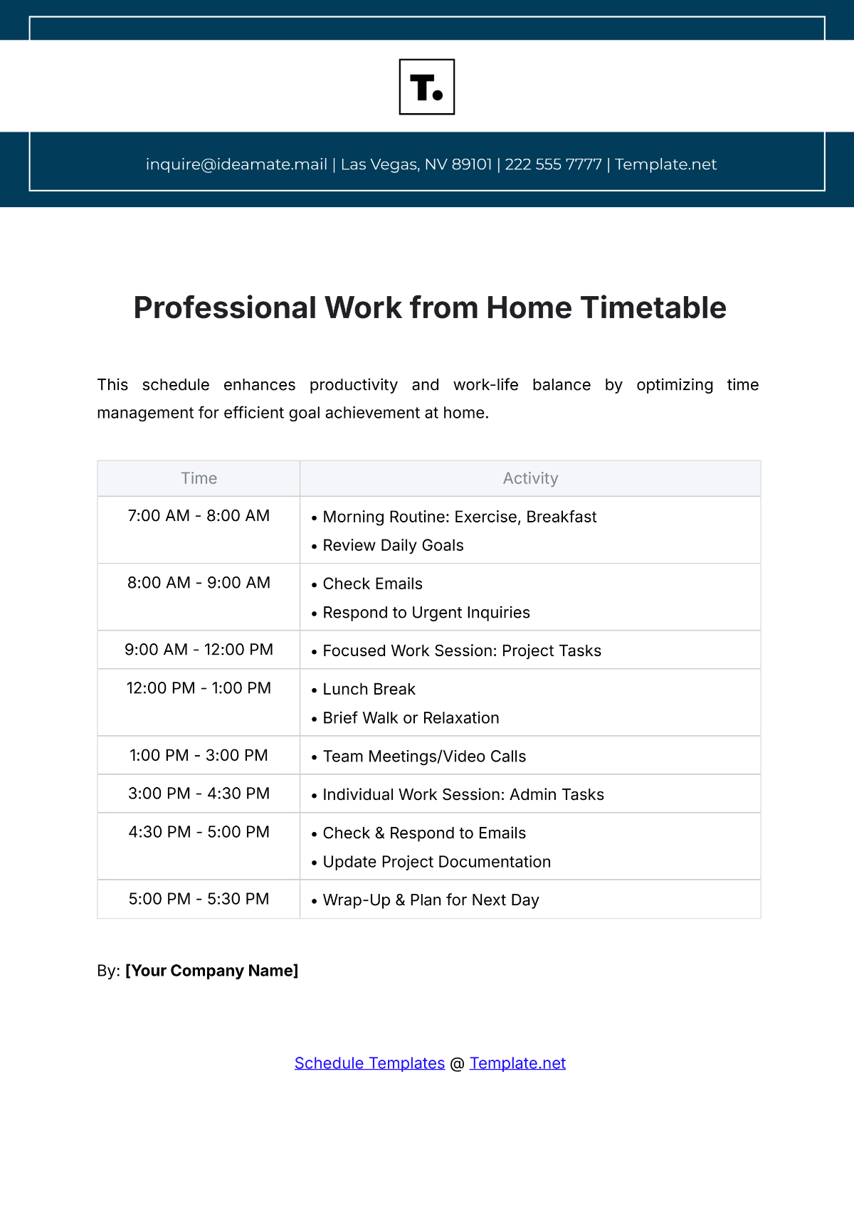 Professional Work from Home Timetable Template - Edit Online & Download