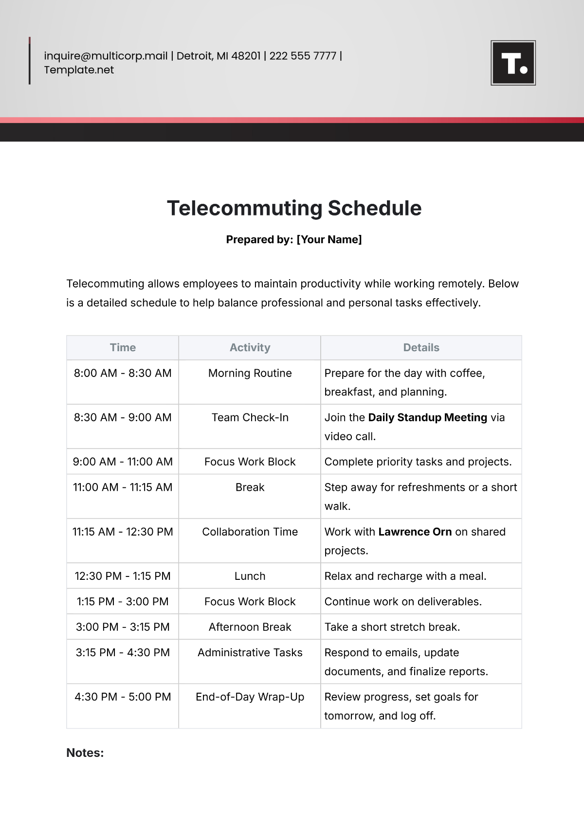 Telecommuting Schedule Template - Edit Online & Download