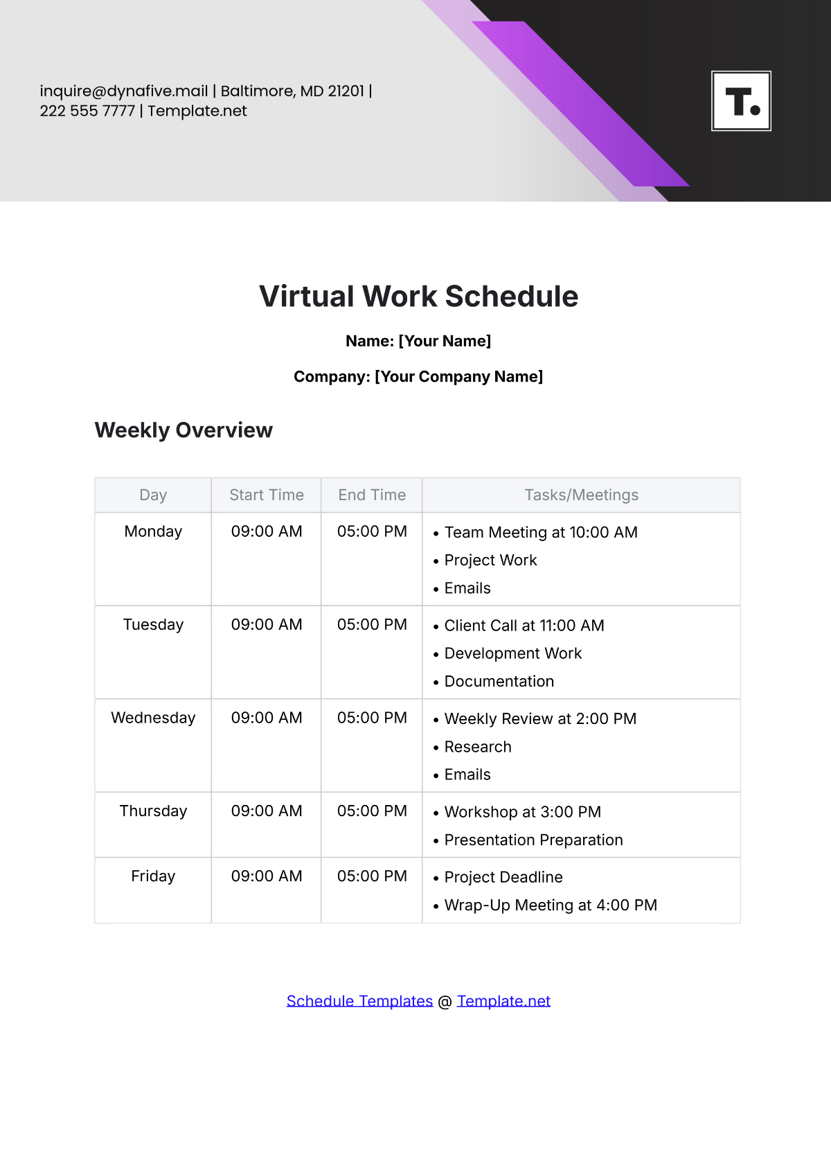 Virtual Work Schedule Template - Edit Online & Download