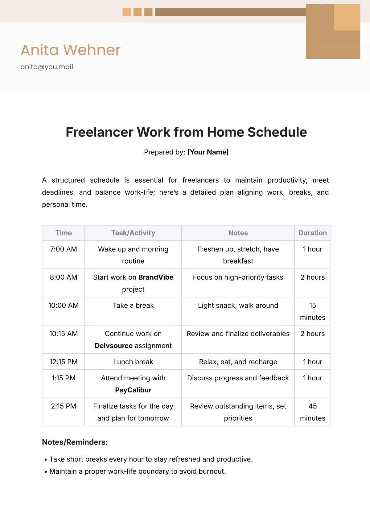 Freelancer Work from Home Schedule Template - Edit Online & Download