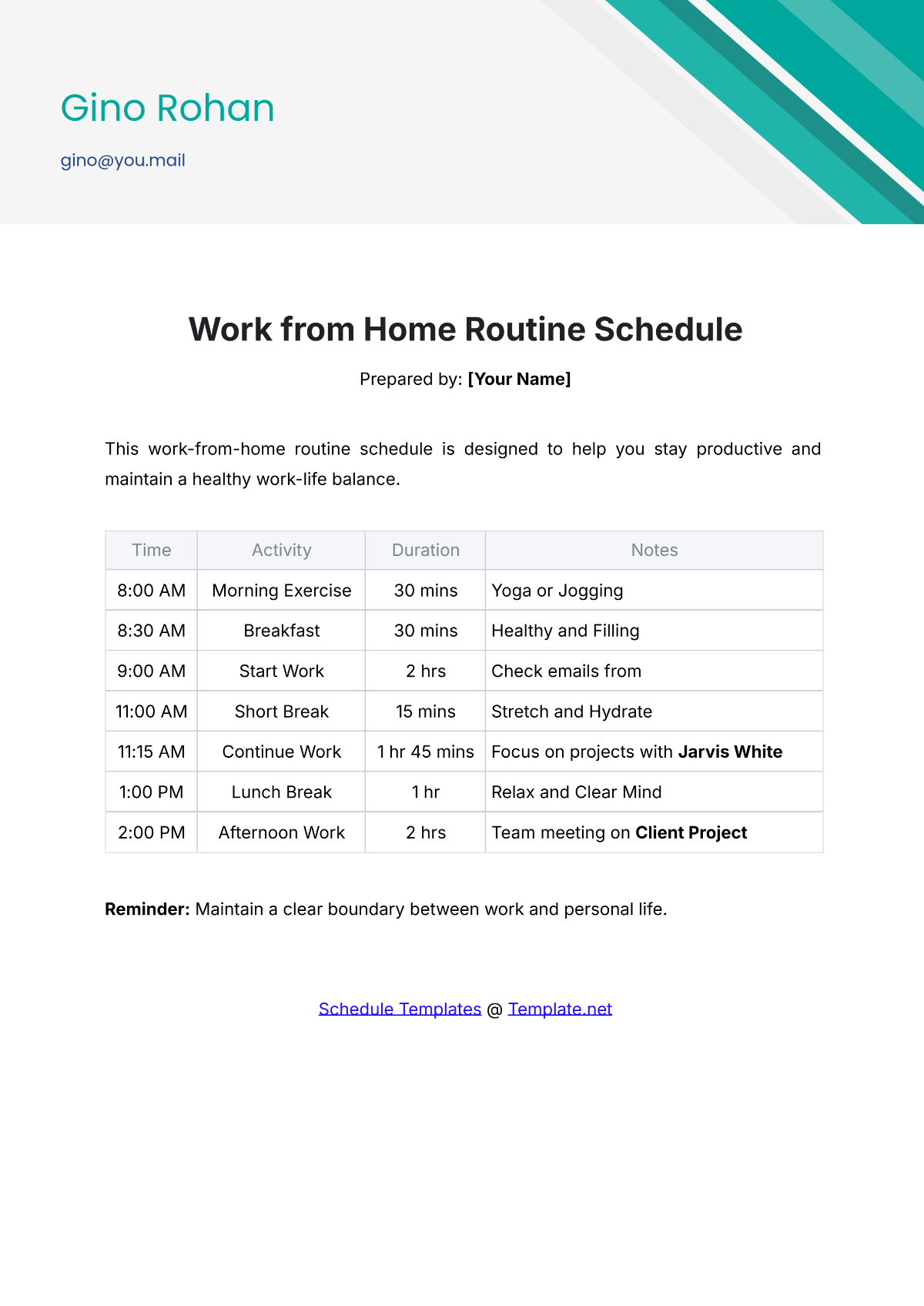 Work from Home Routine Schedule Template - Edit Online & Download