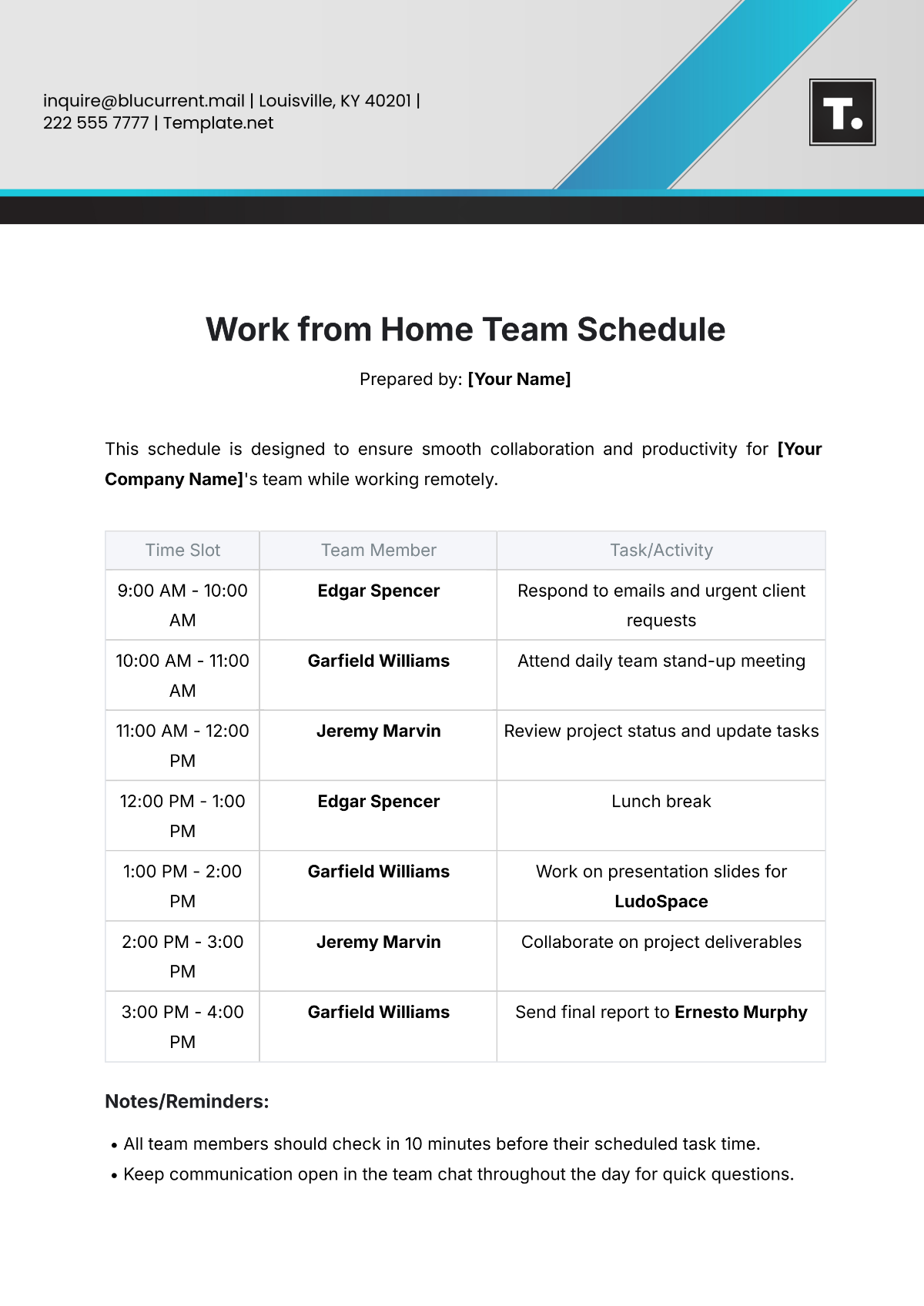 Work from Home Team Schedule Template - Edit Online & Download