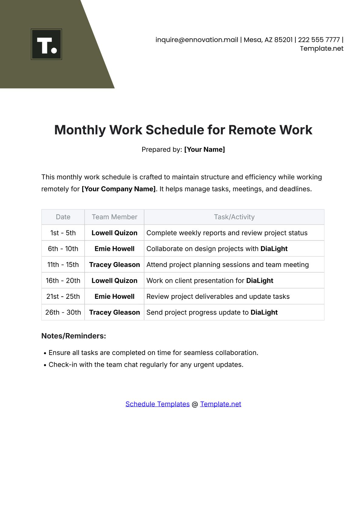 Monthly Work Schedule Template for Remote Work - Edit Online & Download