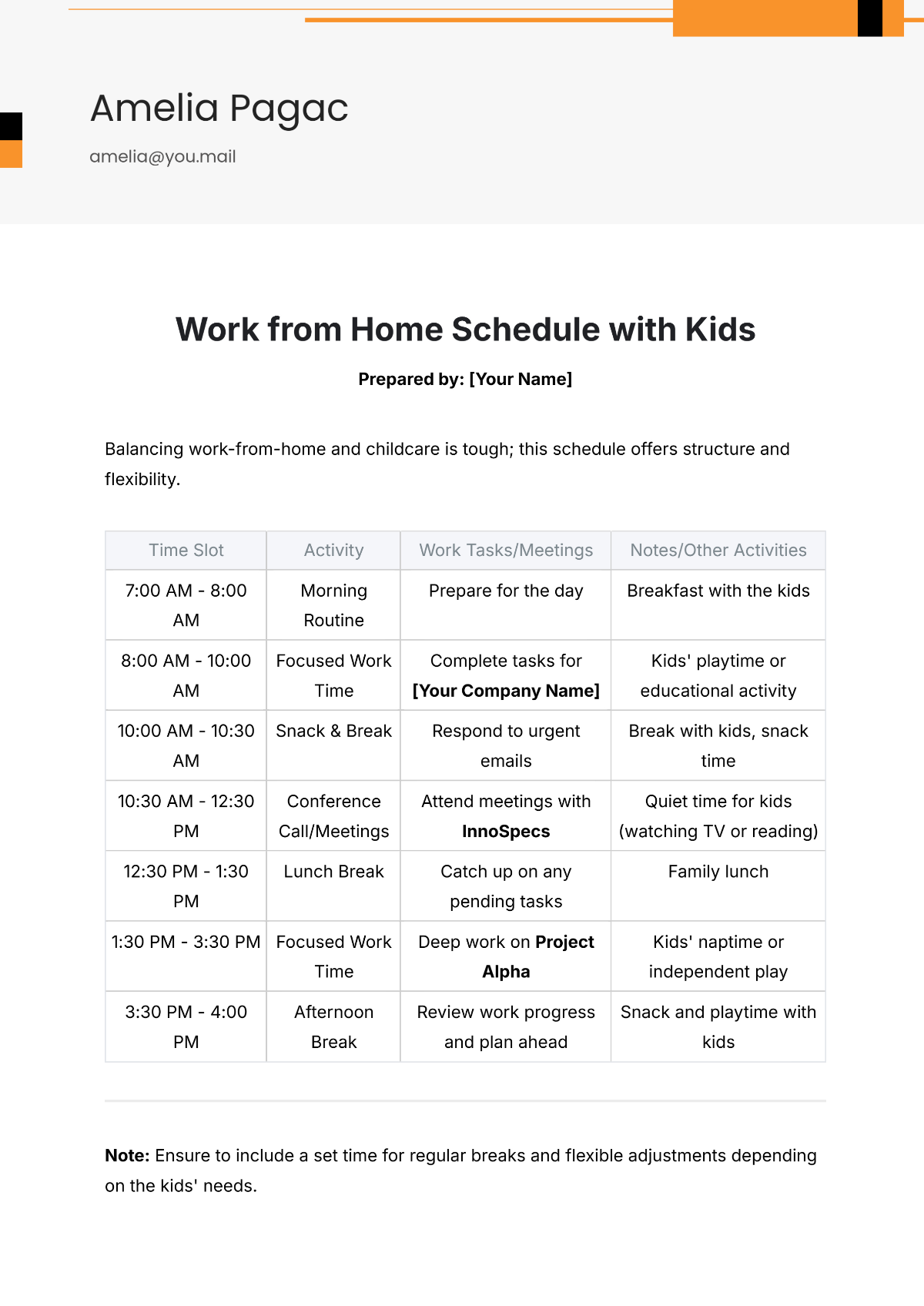 Work from Home Schedule with Kids Template - Edit Online & Download