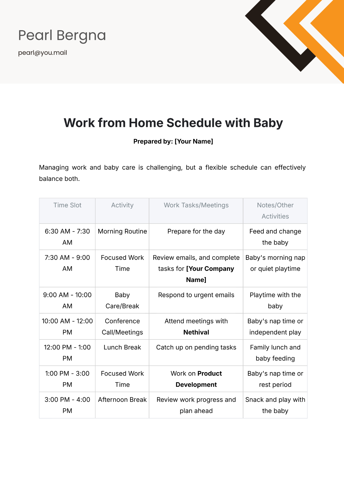 Work from Home Schedule with Baby Template - Edit Online & Download