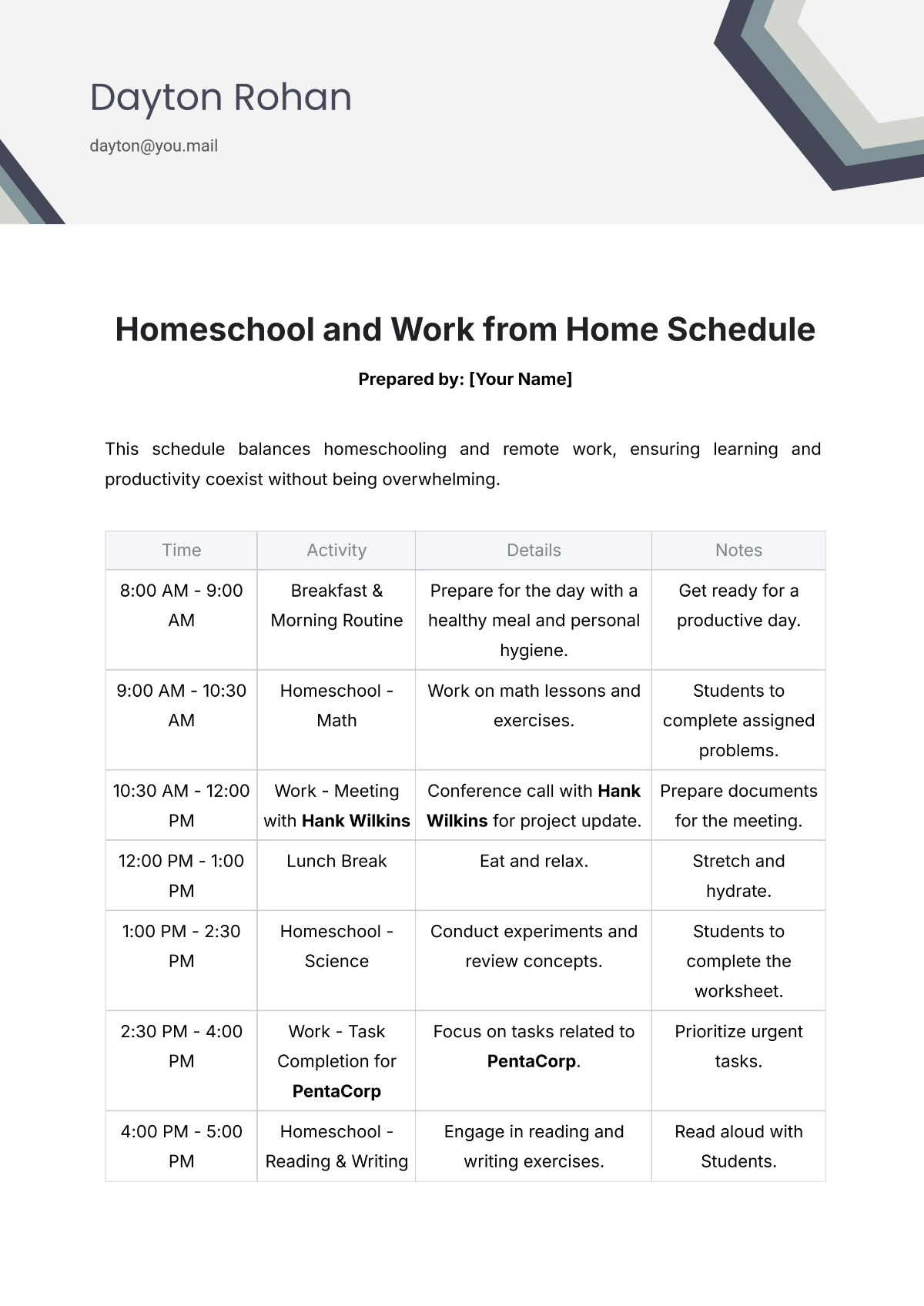 Homeschool and Work from Home Schedule Template - Edit Online & Download