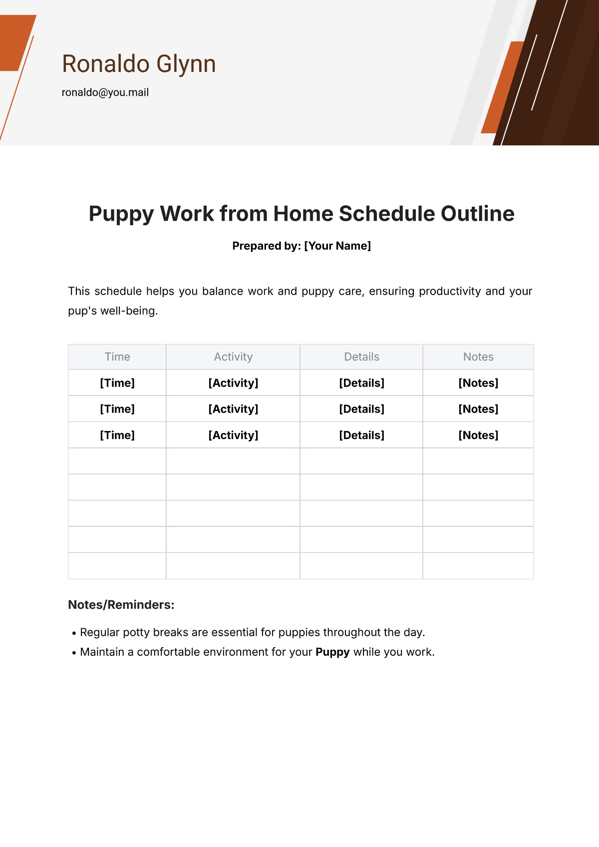 Puppy Work from Home Schedule Outline Template - Edit Online & Download