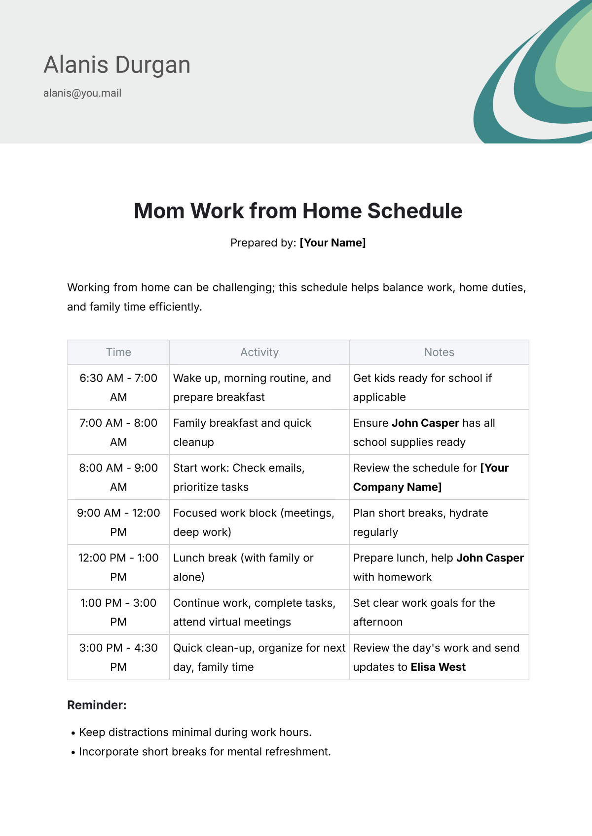 Mom Work from Home Schedule Template - Edit Online & Download