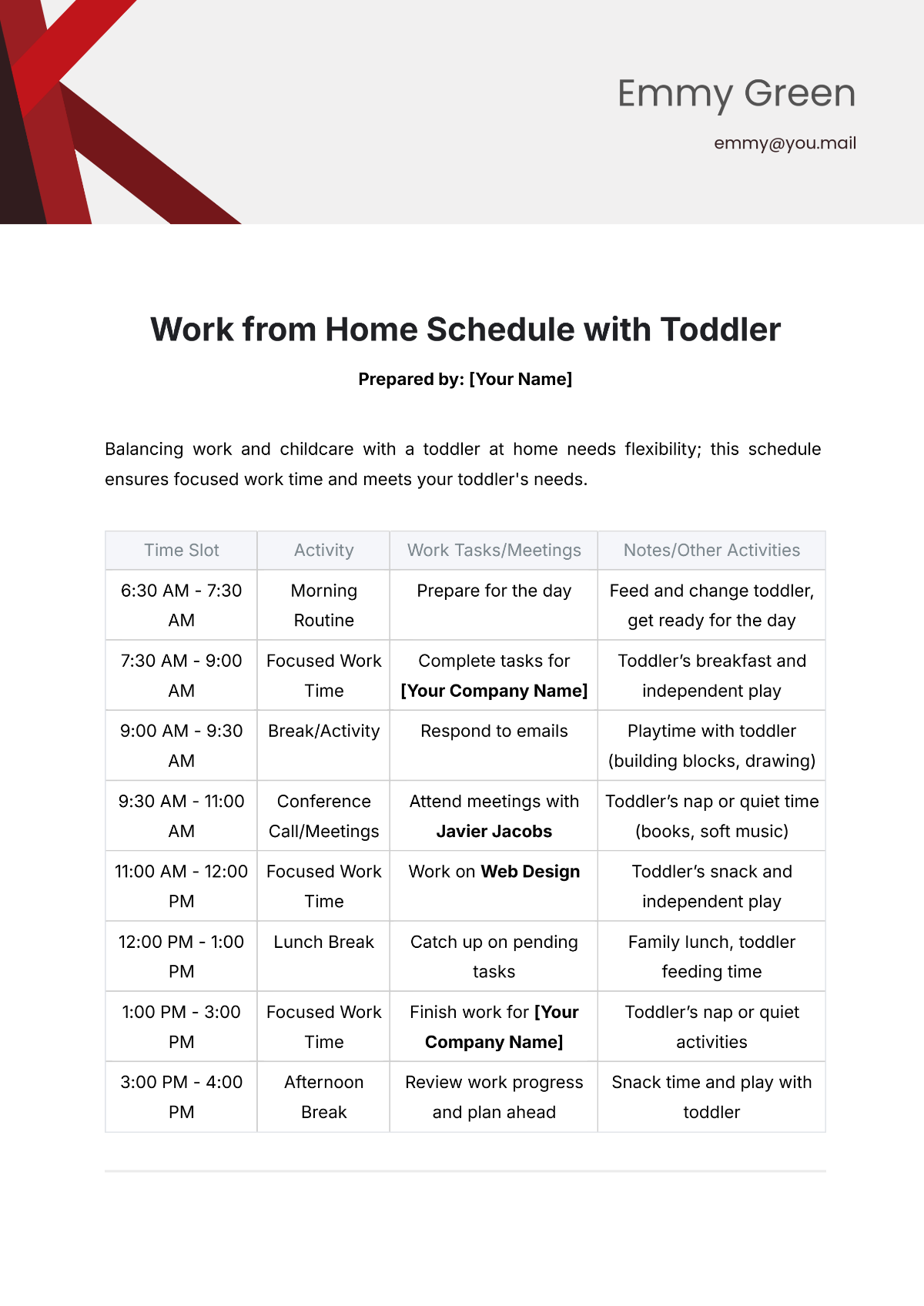 Work from Home Schedule with Toddler Template - Edit Online & Download