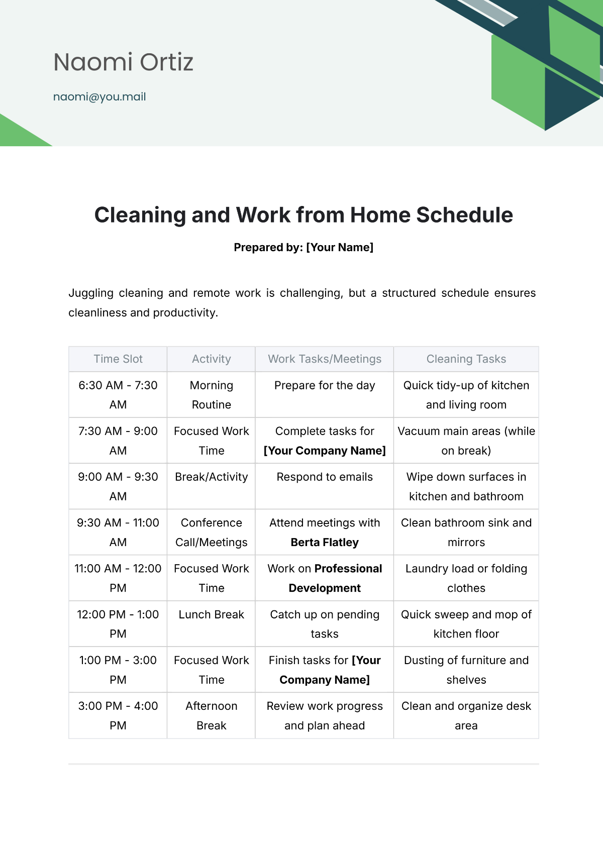 Cleaning and Work from Home Schedule Template - Edit Online & Download