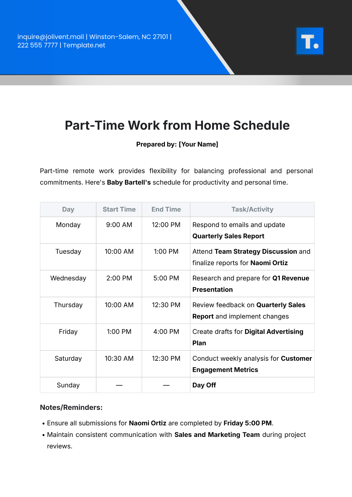 Part-Time Work from Home Schedule Template - Edit Online & Download