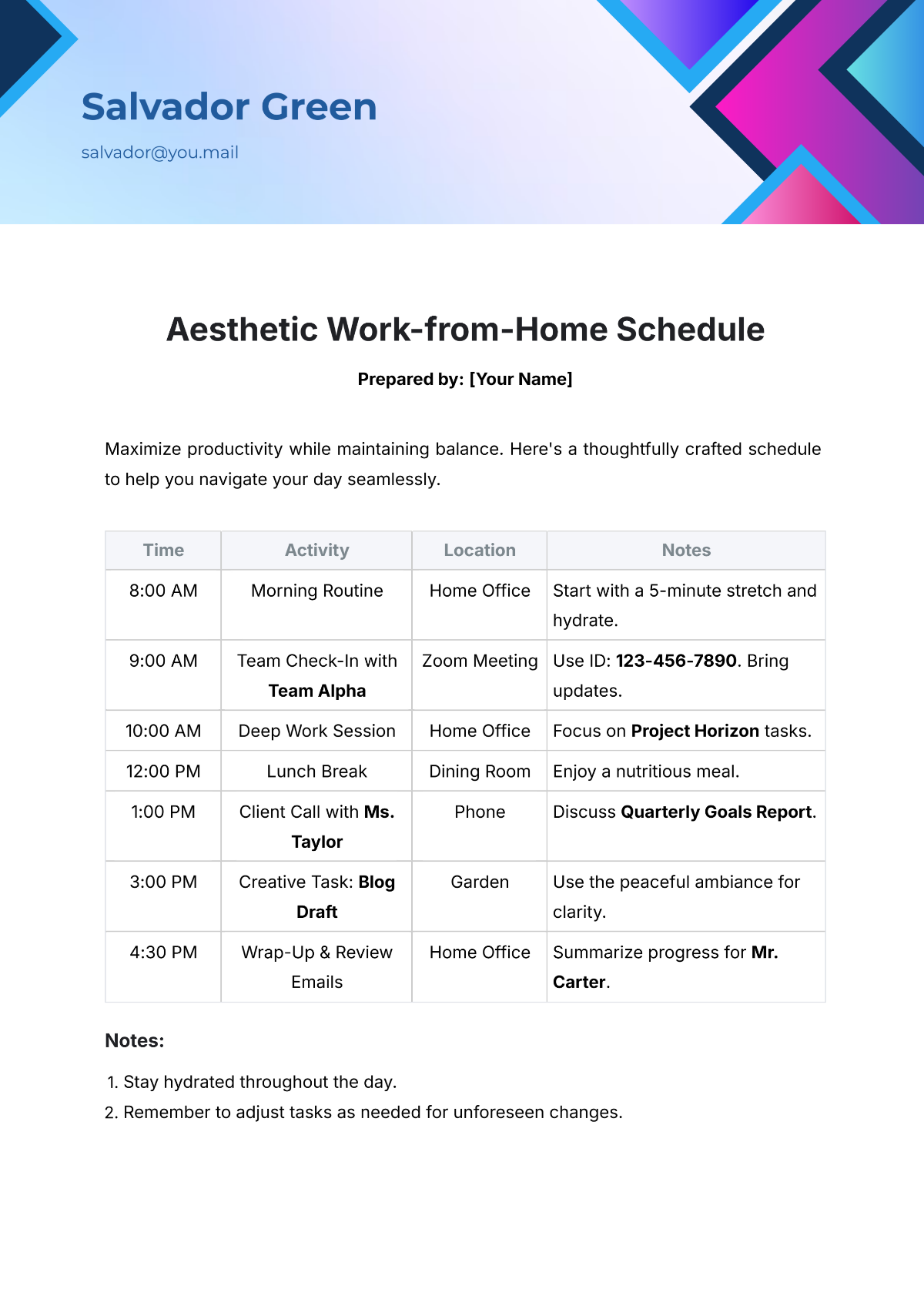 Aesthetic Own Work Schedule Template - Edit Online & Download