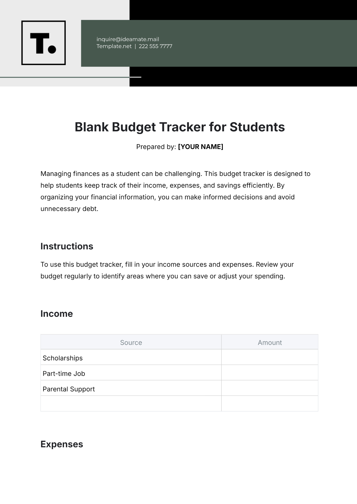 Blank Budget Tracker for Students Template - Edit Online & Download