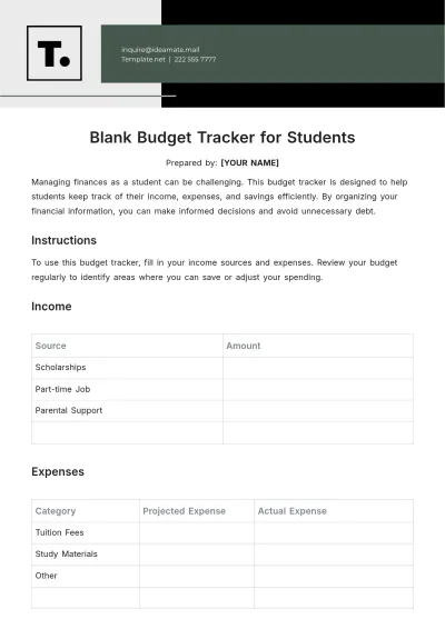 Free Blank Budget Tracker for Students Template to Edit Online
