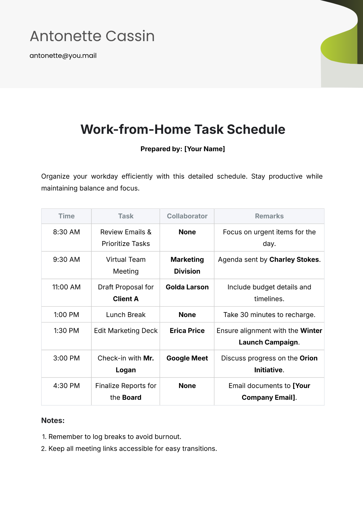 Work from Home Task Schedule Template - Edit Online & Download