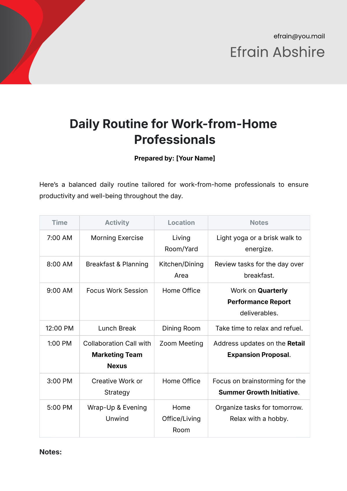 Daily Routine for Work from Home Professionals Template - Edit Online & Download