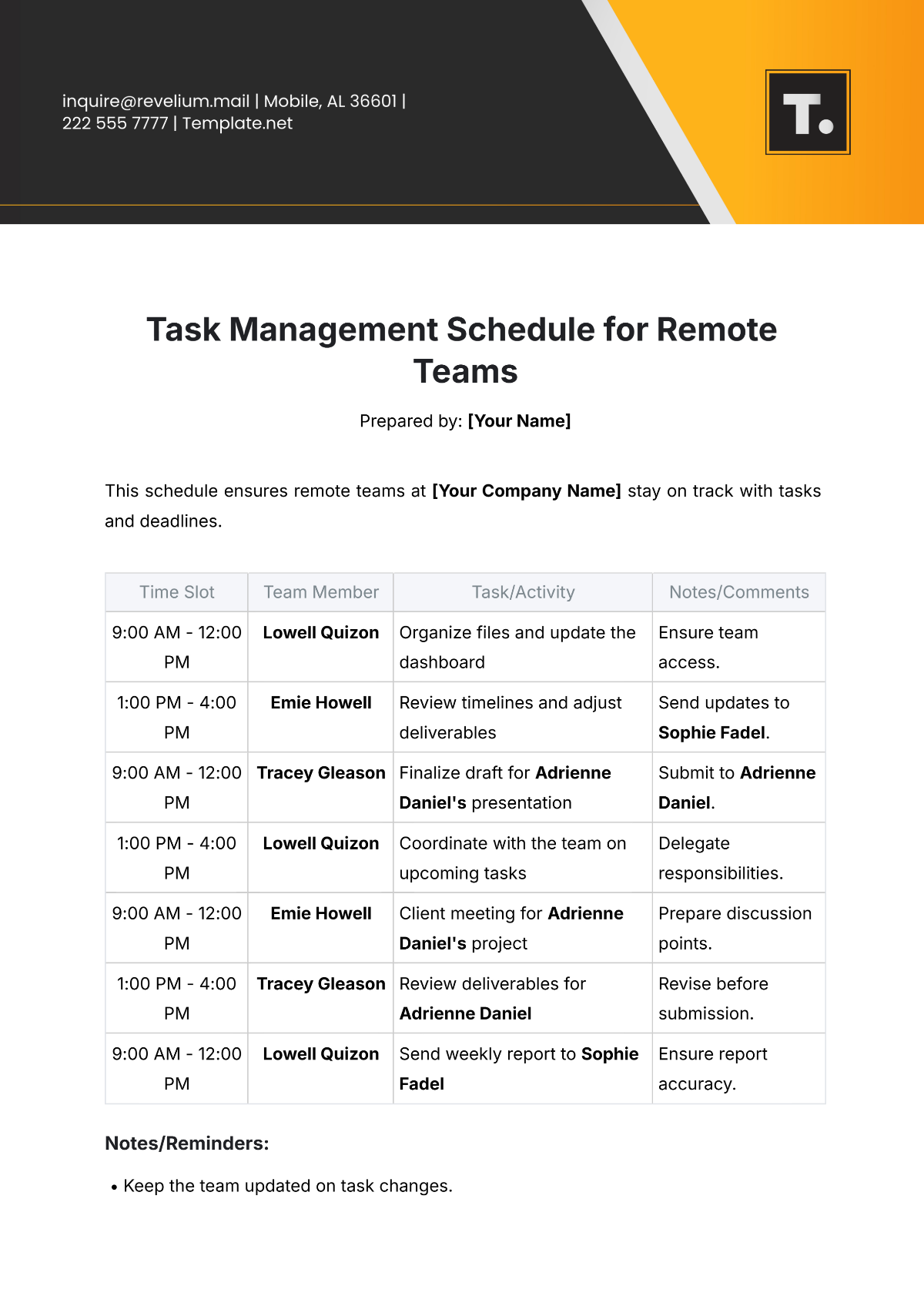 Task Management Schedule for Remote Teams Template - Edit Online & Download