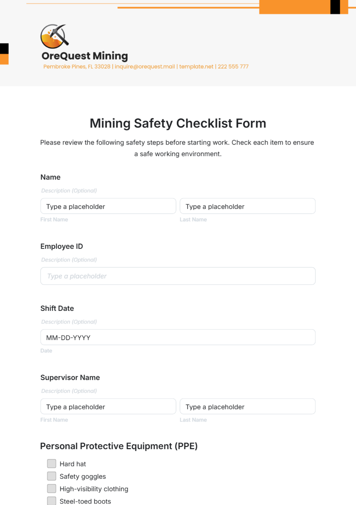 Mining Safety Checklist Form Template - Edit Online & Download