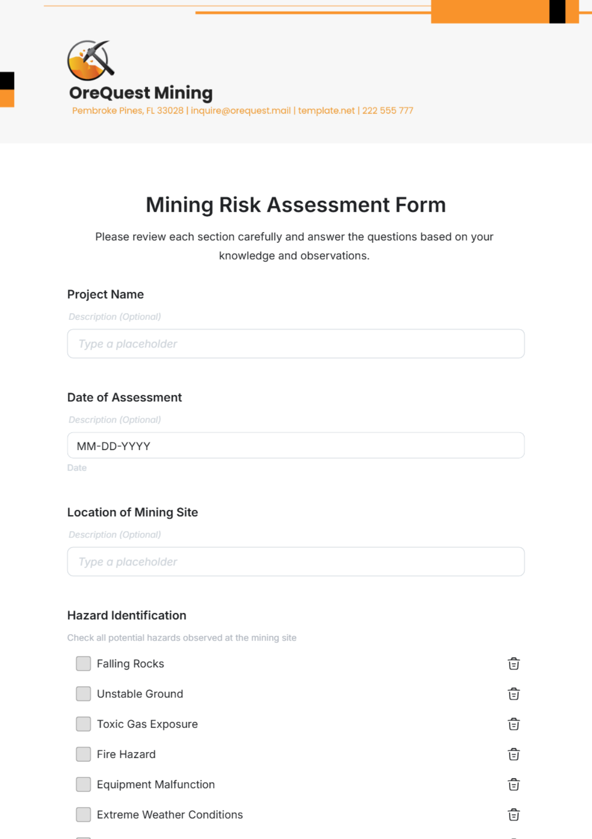 Mining Risk Assessment Form Template - Edit Online & Download