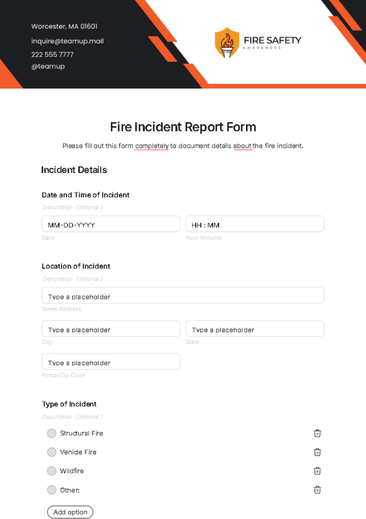 Fire Incident Report Form Template - Edit Online & Download