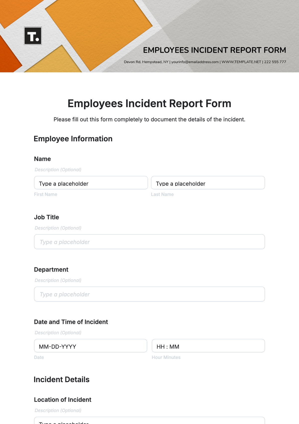 Employees Incident Report Form Template - Edit Online & Download