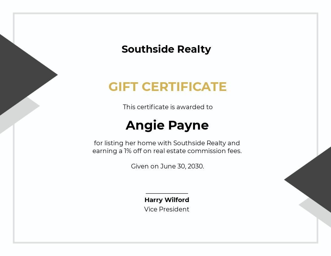 Real Estate Agents Gift Certificate Template - Word, Apple Pages, PSD