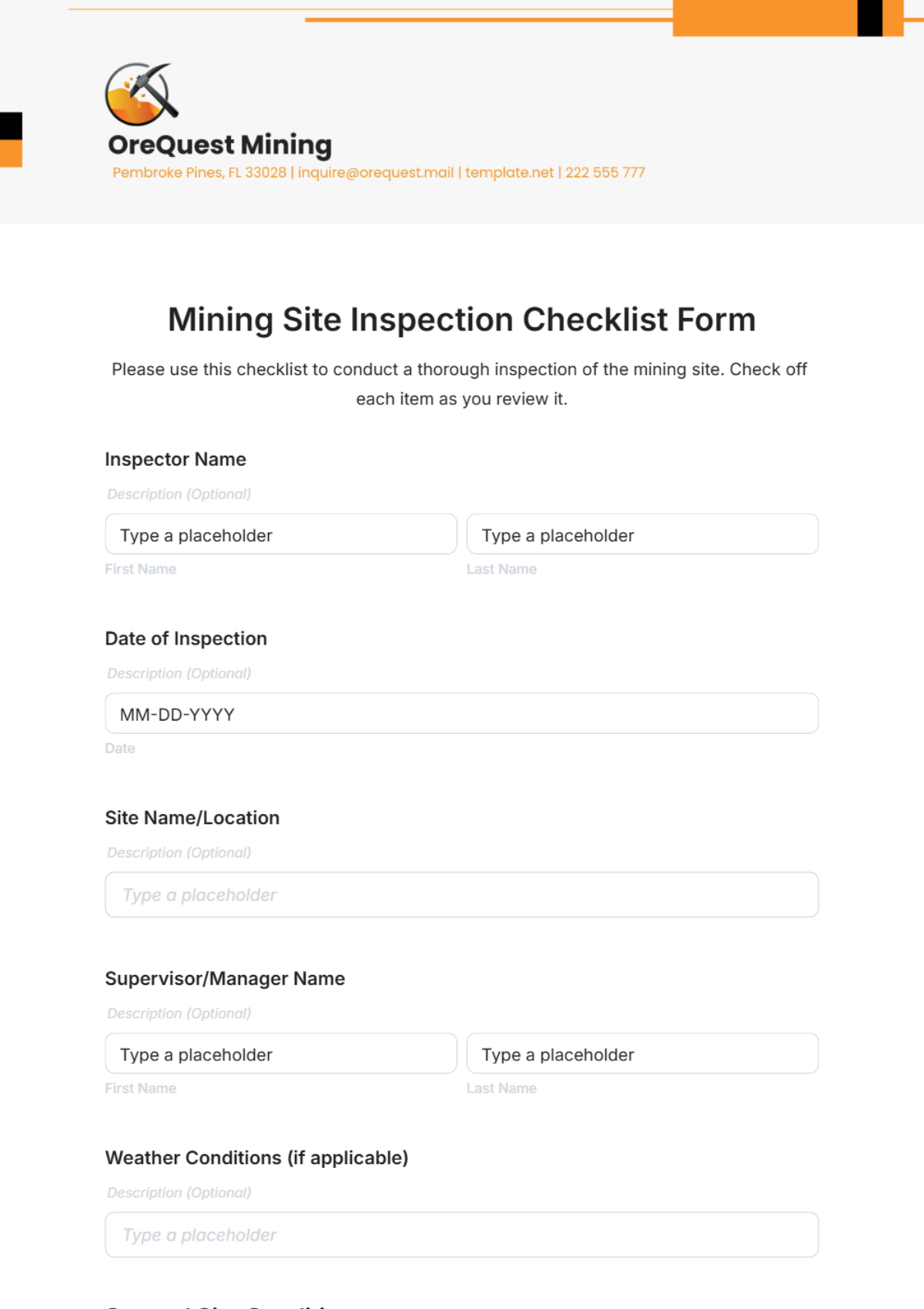 Mining Site Inspection Checklist Form Template - Edit Online & Download