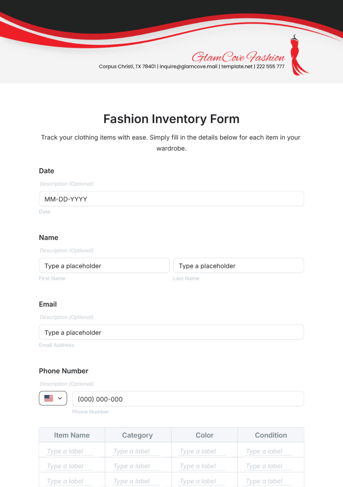 Fashion Inventory Form Template - Edit Online & Download