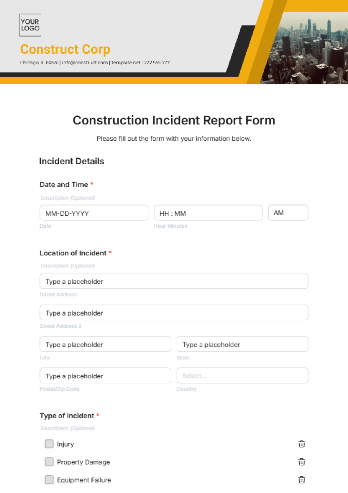 Construction Incident Report Form Template - Edit Online & Download