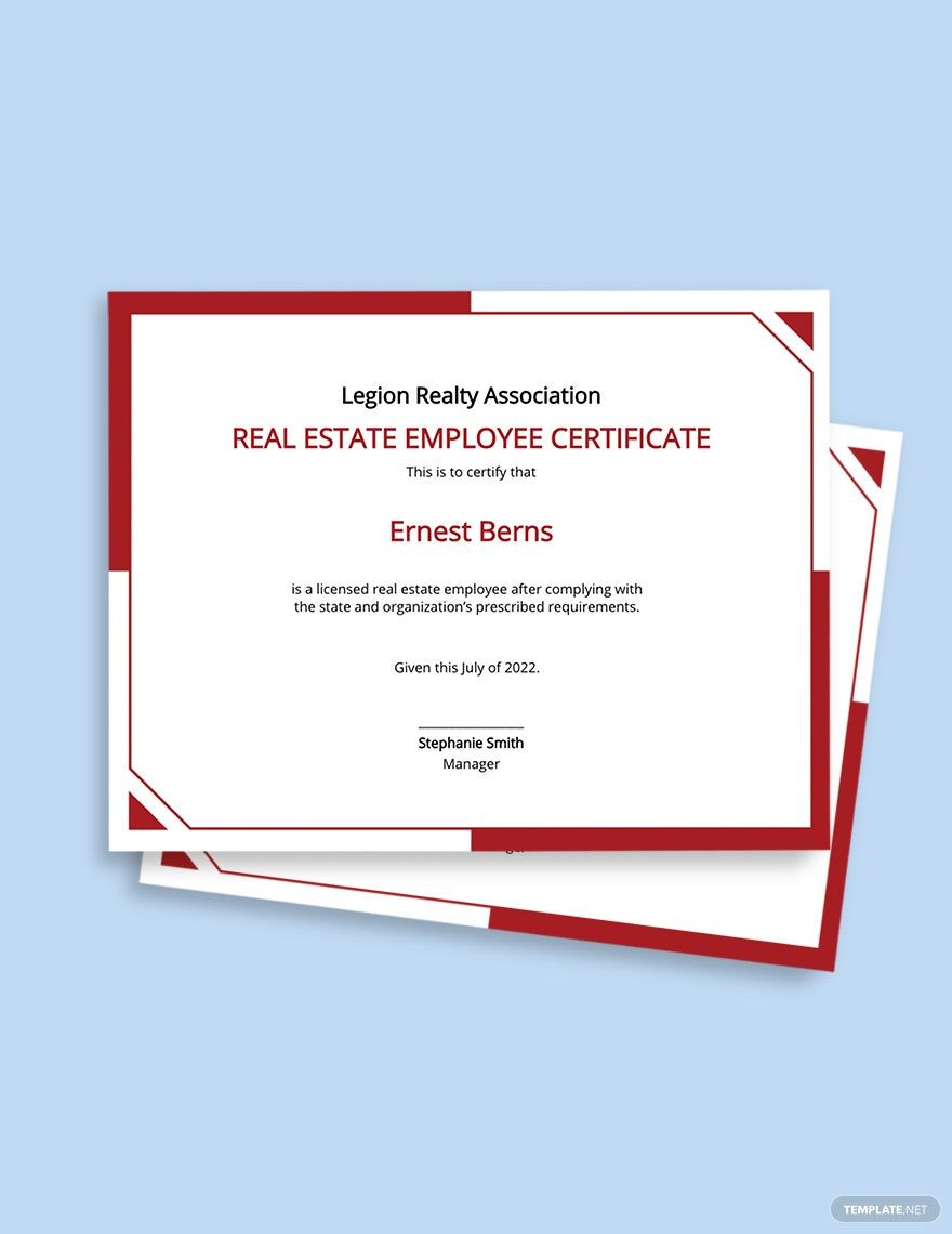 Real Estate Employee Certificate Template