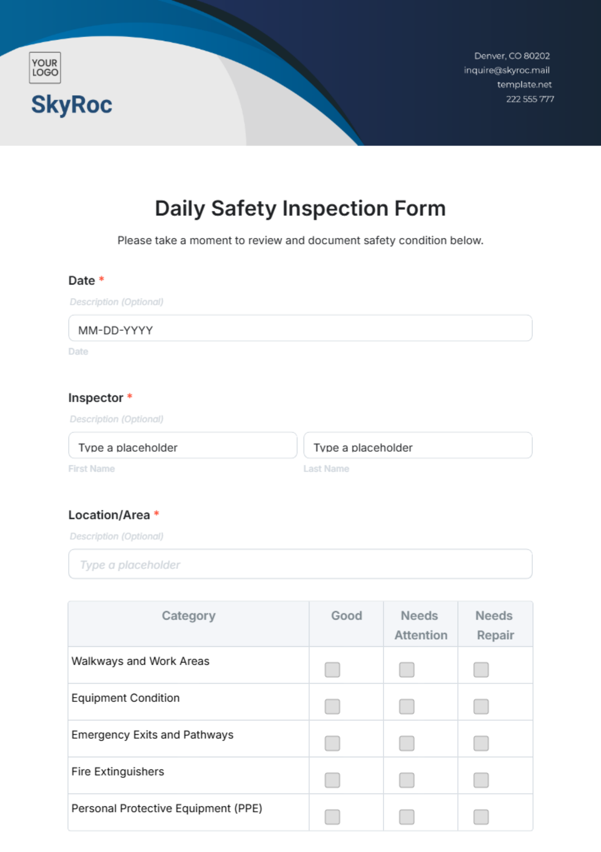 Daily Safety Inspection Form Template - Edit Online & Download