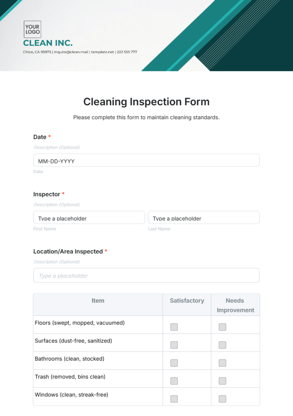 Cleaning Inspection Form Template - Edit Online & Download