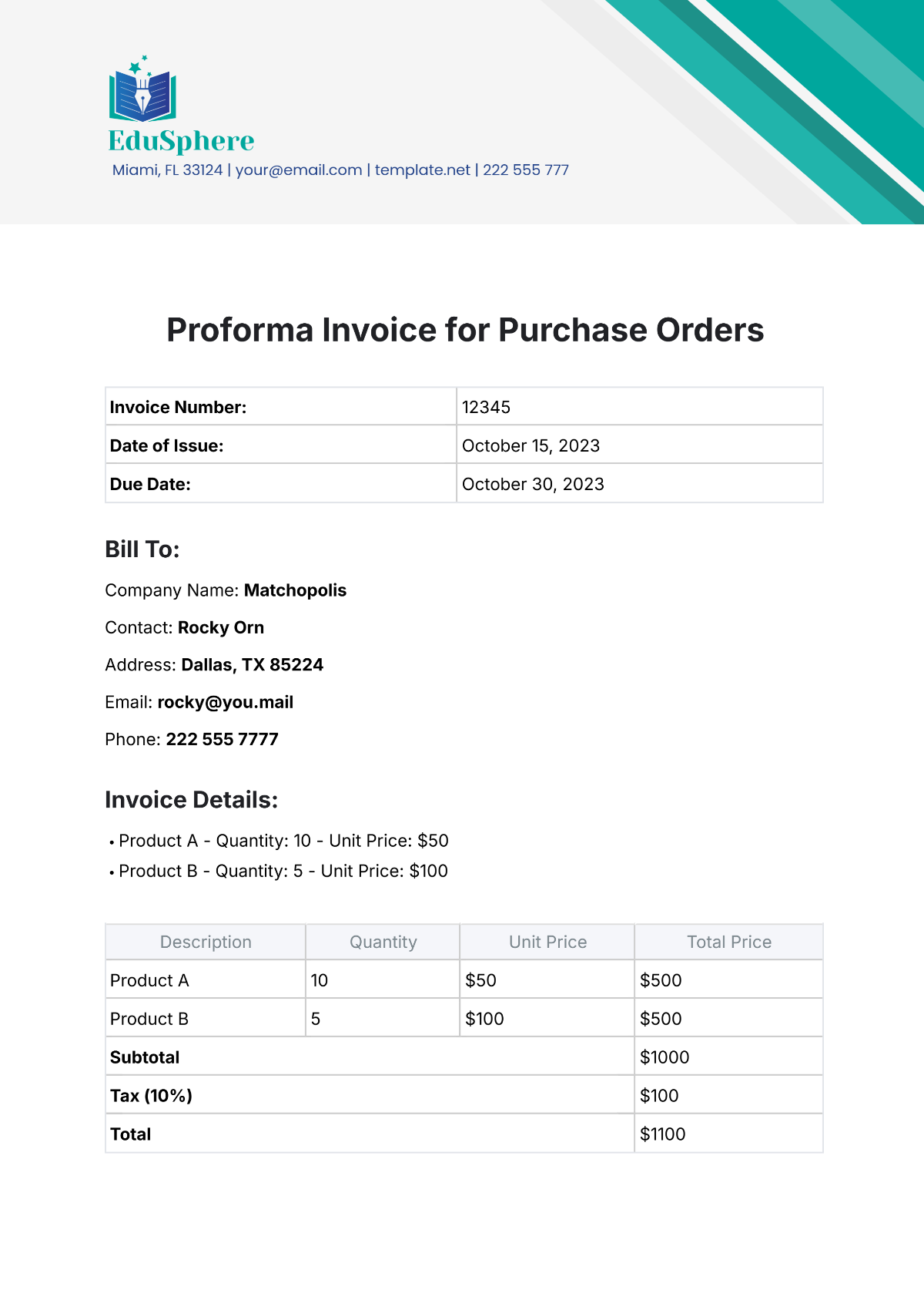 Proforma Invoice for Purchase Orders Template - Edit Online & Download