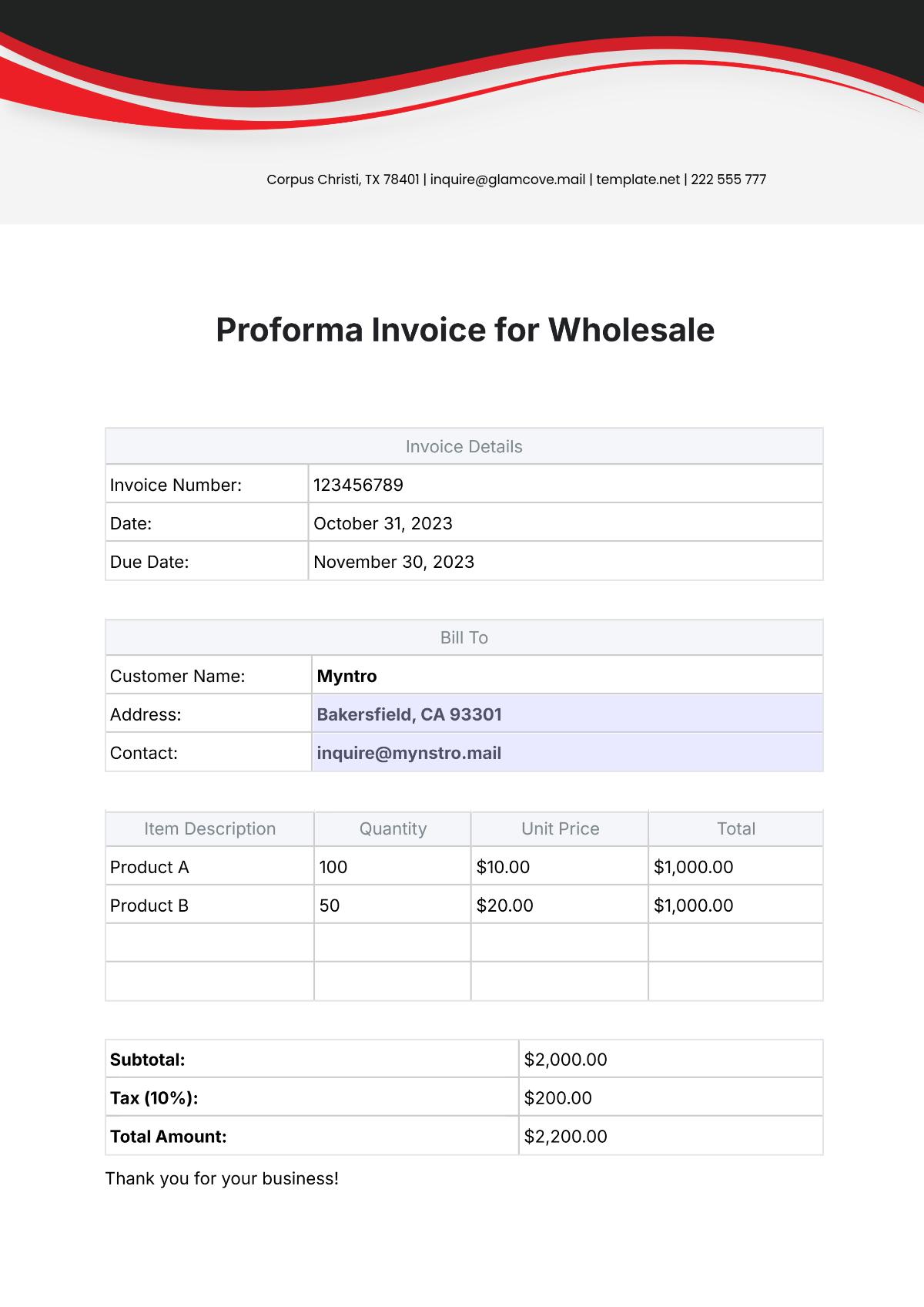 Proforma Invoice for Wholesale Template - Edit Online & Download