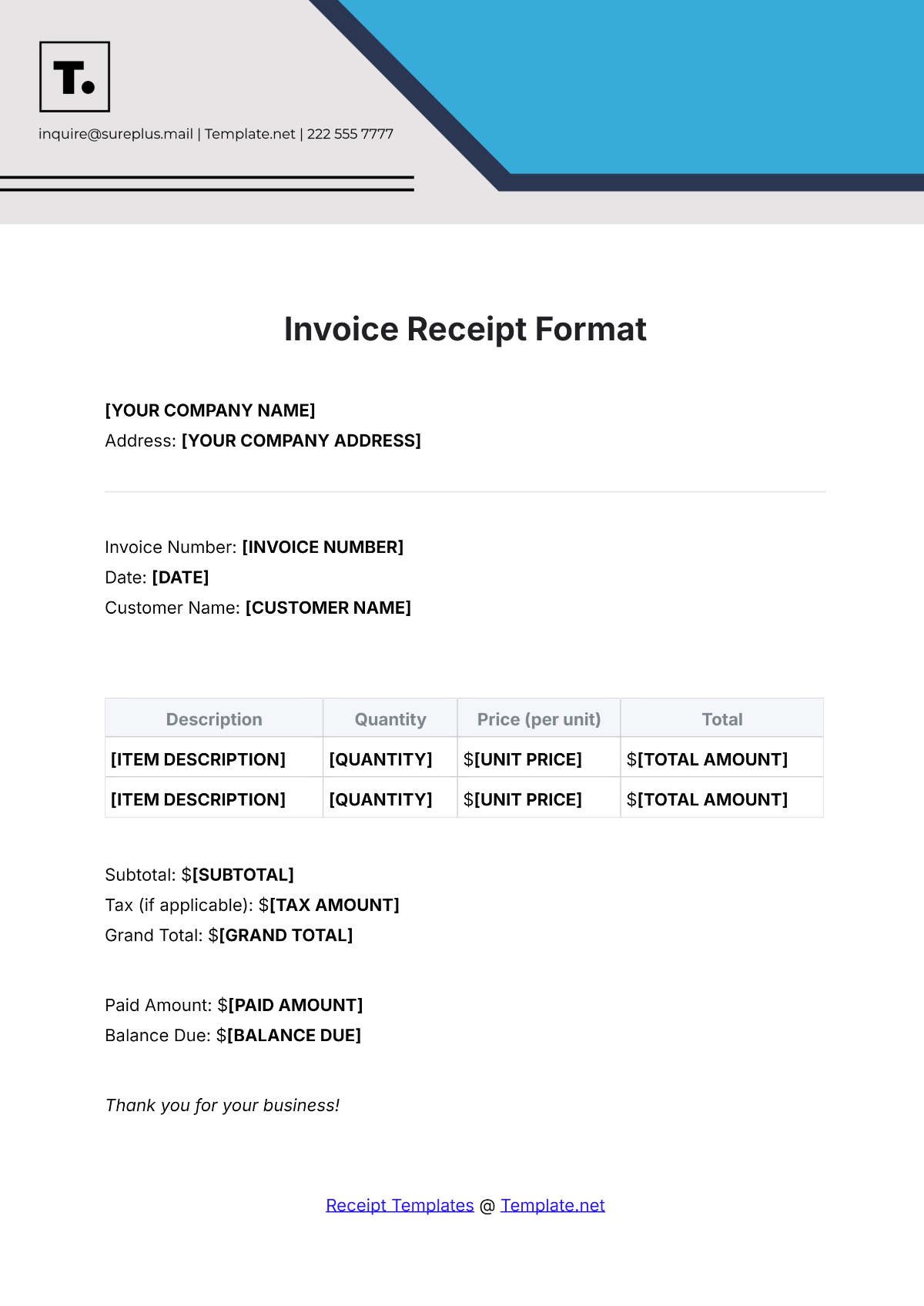 Invoice Receipt Format Template - Edit Online & Download