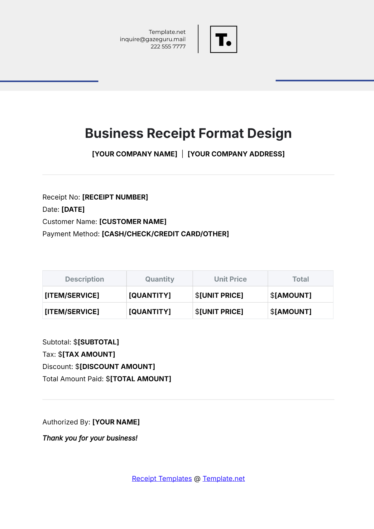 Business Receipt Format Design Template - Edit Online & Download