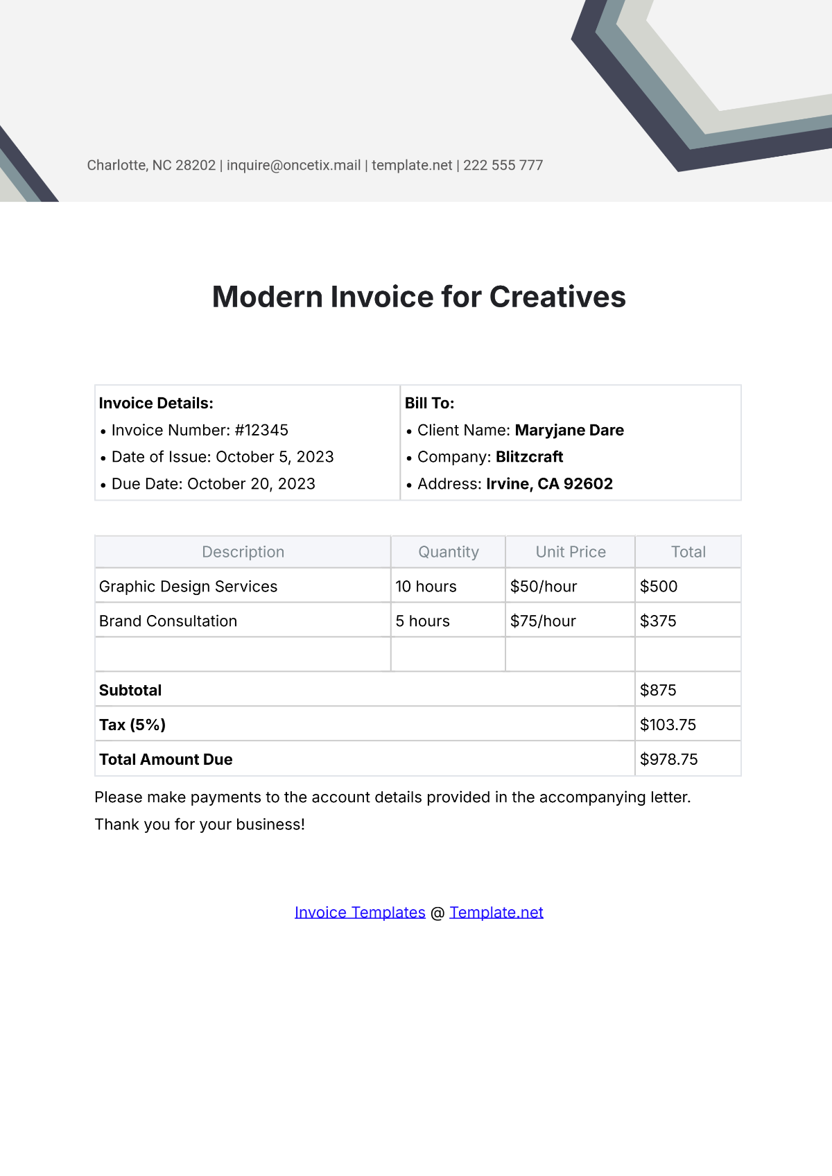 Modern Invoice Template for Creatives - Edit Online & Download