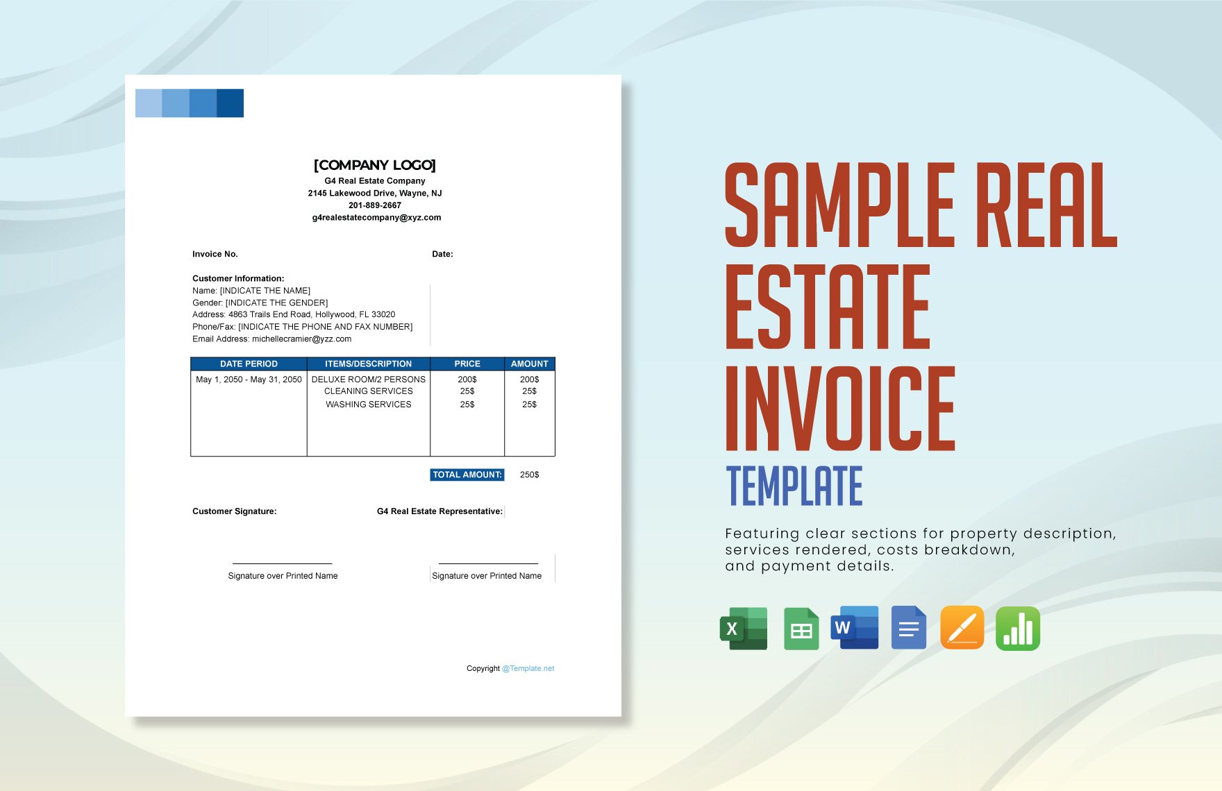 Sample Real Estate Invoice Template in Word, Google Docs, Excel, Google Sheets, Apple Pages, Apple Numbers